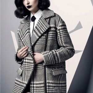 Ophelia Roe Black & White Tweed Jacket Medium Houndstooth Plaid Zip Coat Chic